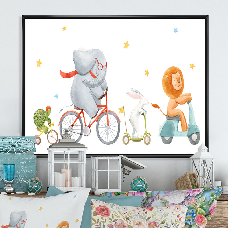 Mignons animaux à bicyclette - Art mural sur toile traditionnel, H 16 po x l 32 po x P 1 po, Cadre flottant noir