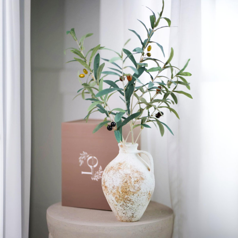 Rustic White Ceramic Vase With Tri-Colored Olive Branches, Handmade Tabletop Home Decor For Living Room, Bedroom, And Dining Room - Gift Ready