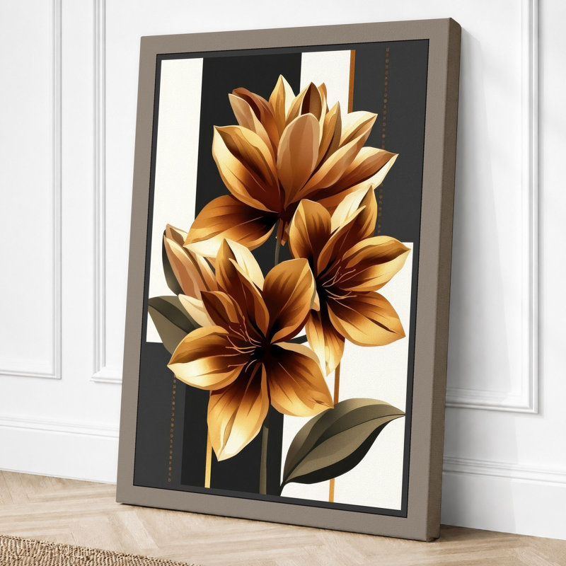 Golden Lotus Blooms Botanical - Wrapped Canvas, 18x12 - 45.7 x 30.5 cm, Taupe Border