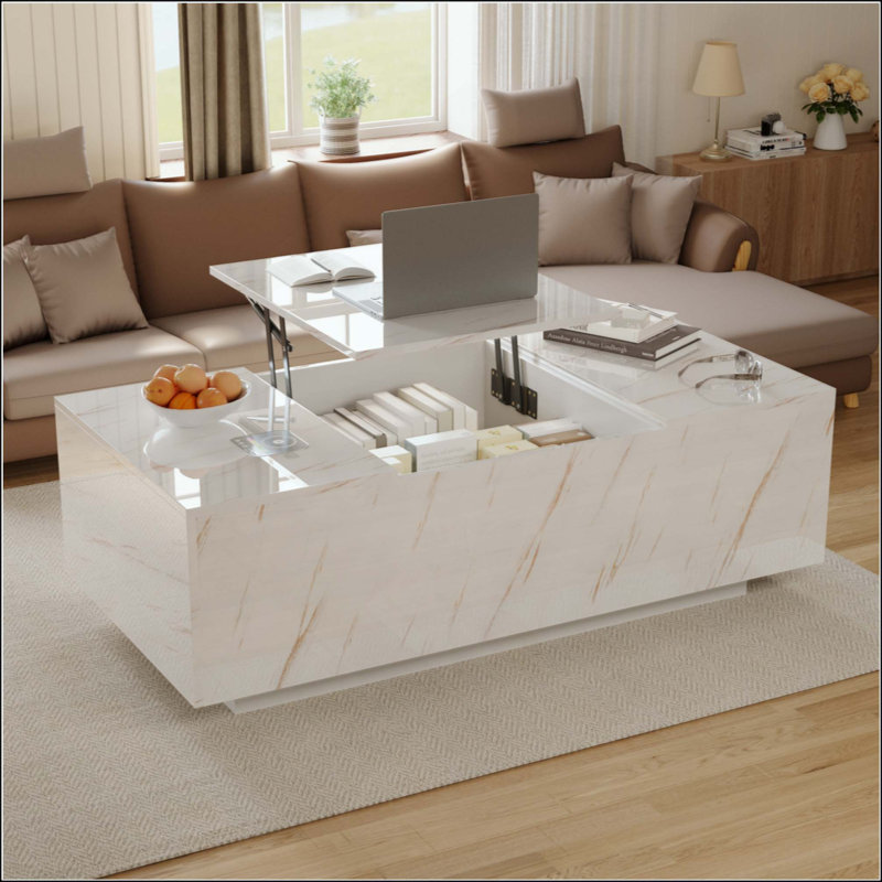 Table basse à plateau relevable avec tiroir coulissant et rangement caché, lumières DEL de 16 couleurs, charge sans fil et haut-parleur intégré