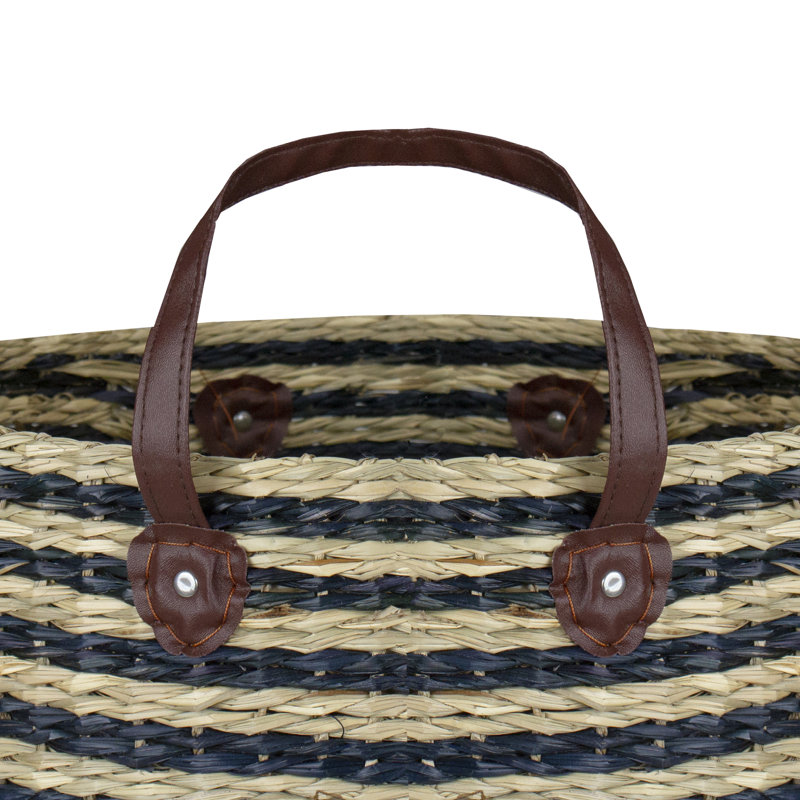 15" Beige and Black Woven Seagrass Basket with Handles
