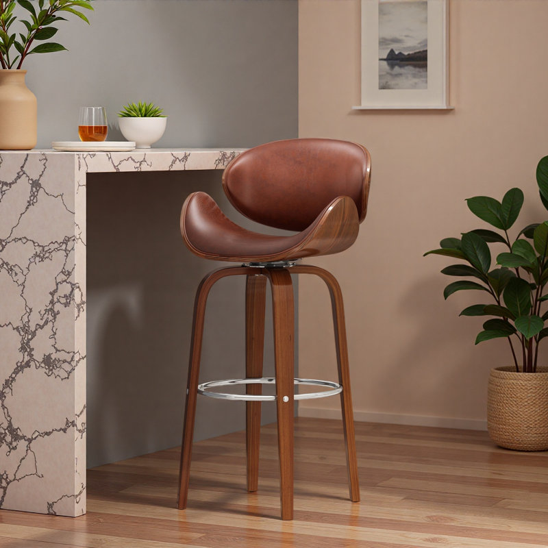 30" Mid-Century Modern Upholstered Swivel Barstool, Cognac