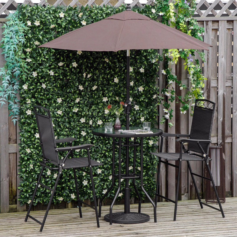 4 Piece Tempered Glass Black Outdoor Patio Dining Furniture Set, 2 Folding Chairs Adjustable Angle Umbrella Wave Textured Dinner Table