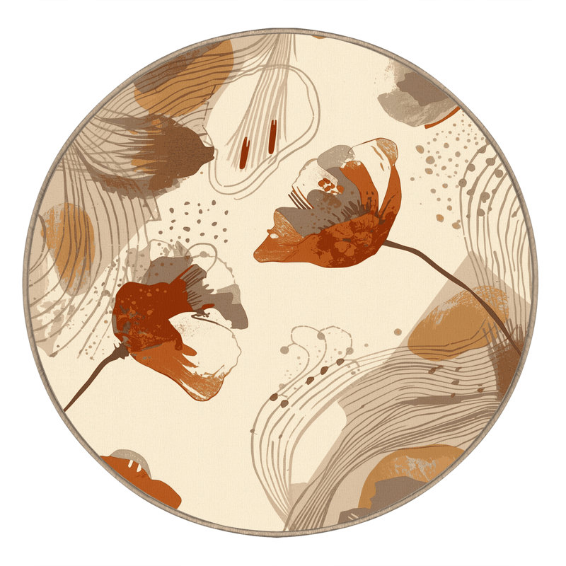 Tapis éclectique beige lavable à la machine Orlandra Poppy, Rond 4 pi