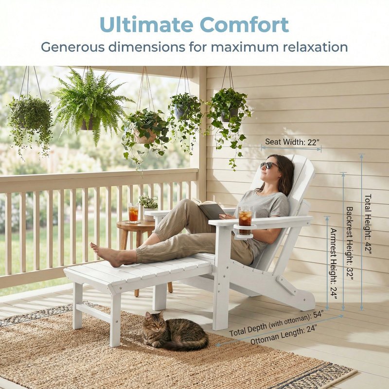 HDPE Folding Adirondack Chairs with Retractable Ottoman, 5-Position Adjustable Backrest (Set of 2), White