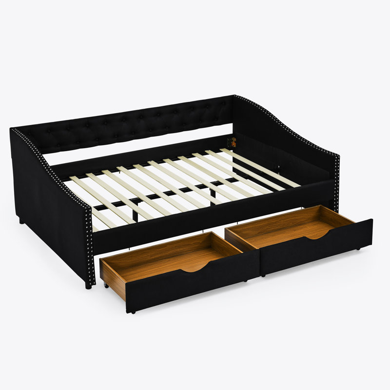 Lit de jour rembourré capitonné | Bouton en velours - clou touffeté en cuivre - accoudoirs et tiroirs à garniture ondulée