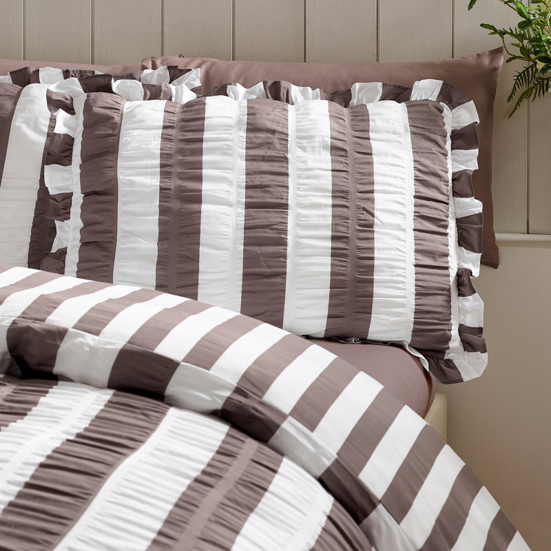 Seersucker Frill Stripe Duvet Cover Set, Single, Chocolate