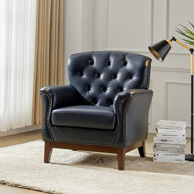 Nariana Traditional Genuine Leather Chair with Solid Wood Legs