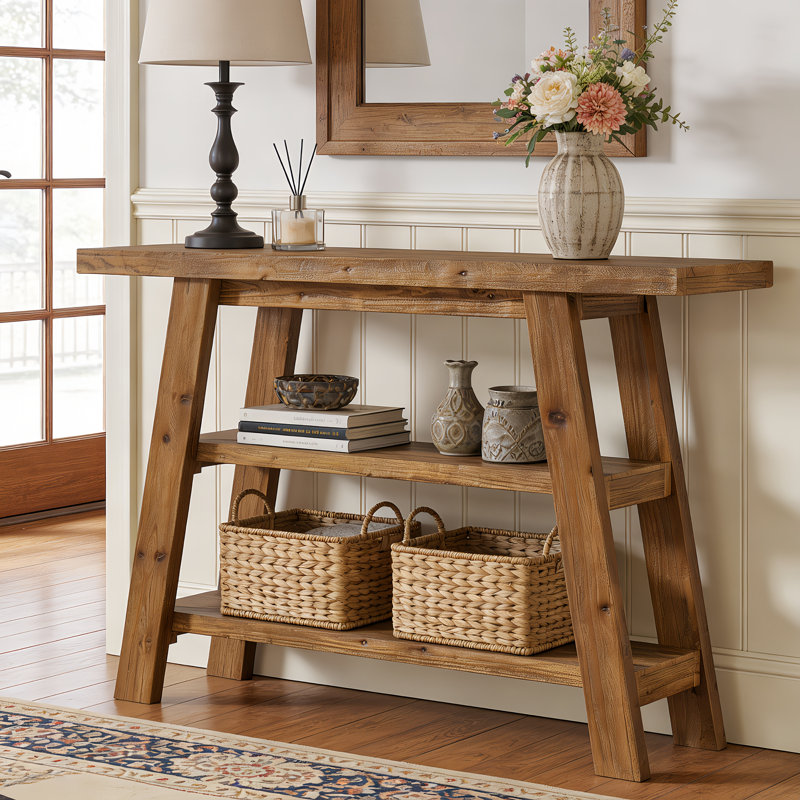 Petite console 47,24 ", table d'entrée en bois massif avec tablettes de rangement à 3 niveaux pour le salon, Brun
