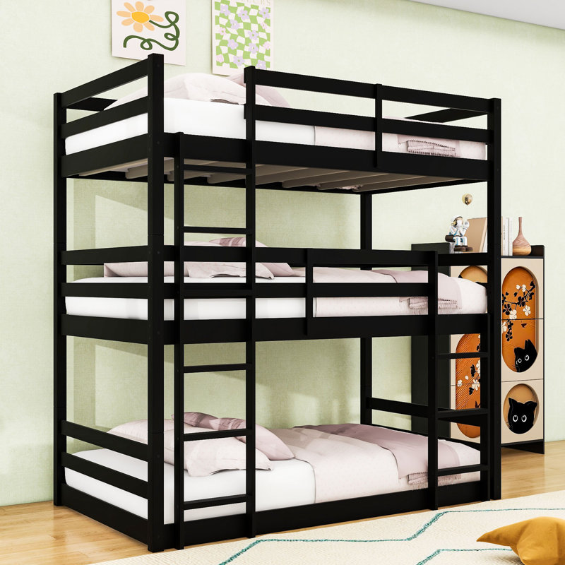 Twin Over Twin Over Twin Triple Wood Bunk Bed With Detachable Feature And Ladder, Black