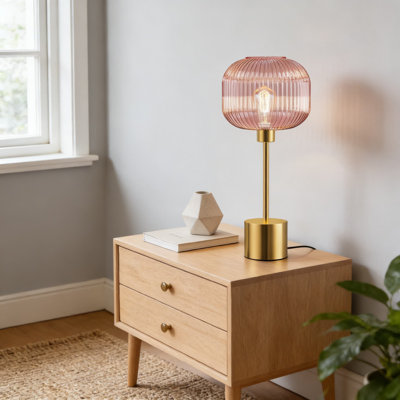 Modern Touch Control Table Lamp With Ribbed Glass Shade, 3-Way Dimmable Nightstand Lamp For Bedroom And Living Room, Includes Warm White LED Bulb