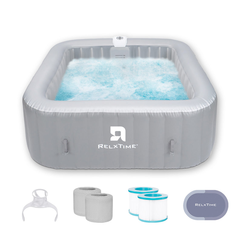 RELXTIME Inflatable Hot Tub 4-6 Person, Blow Up Spa Square Portable Outdoor Hottub, 130 Soothing Bubble Air Jets, Cover, 2 Filter Cartridges, Grey