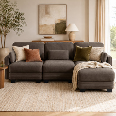 Canapé d'angle 3 places Channell en forme de L, capitonné, avec pouf amovible, style moderne et minimaliste, revêtement en chenille, mousse haute résilience, assise matelassée
