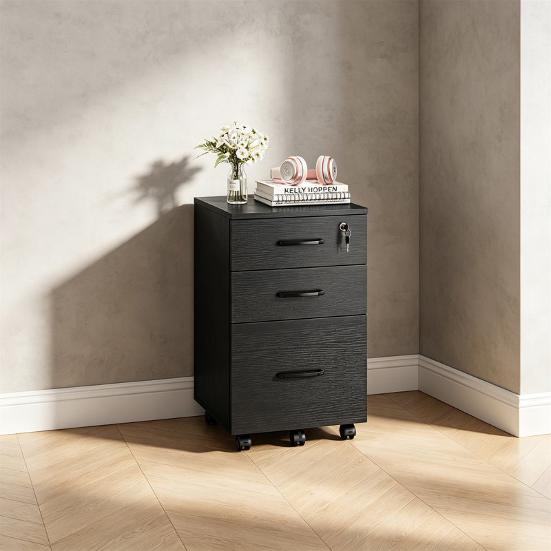 3 Drawer Wooden Mobile File Cabinet, Black