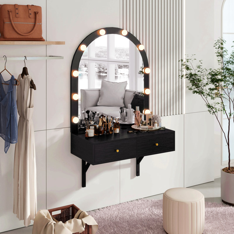 Floating Makeup Vanity Desk With Mirror & 3-Color Lights, Wall Dressing Table With Power Outlet, Compact Vanity, Large Storage
