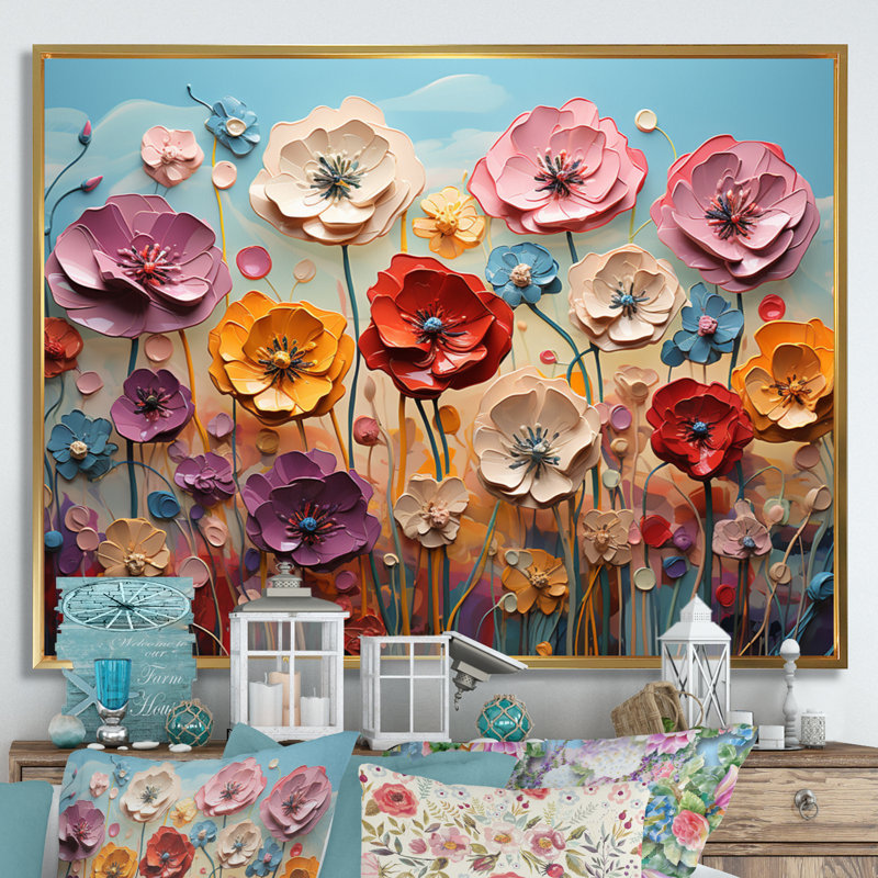 Pink Dandelion Meadow Melody I - Floral Wall Decor, Cadre flottant doré, H 24 po x l 32 po x P 1 po