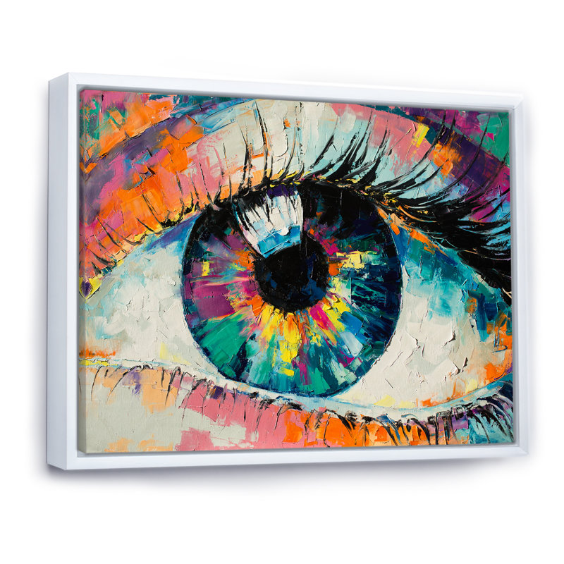 Œil de femme coloré turquoise - Œuvre d'art moderne sur toile, H 34 po x l 44 po x P 1,5 po, Toile avec cadre flottant blanc