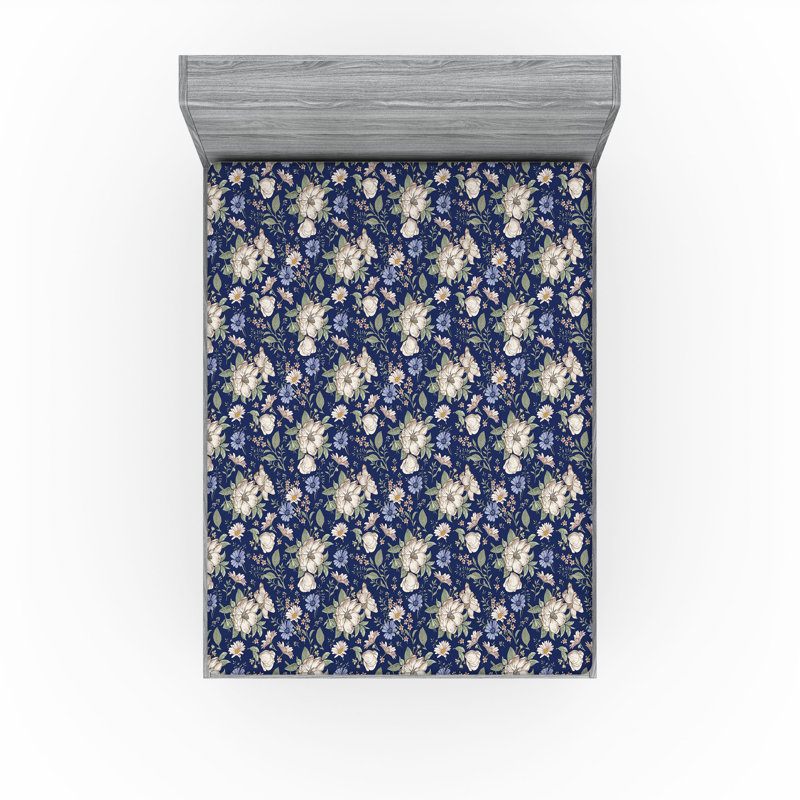 Drap-housse Ambesonne, Indigo, bleu ciel, coquille d'œuf / floral, Drap-housse grand