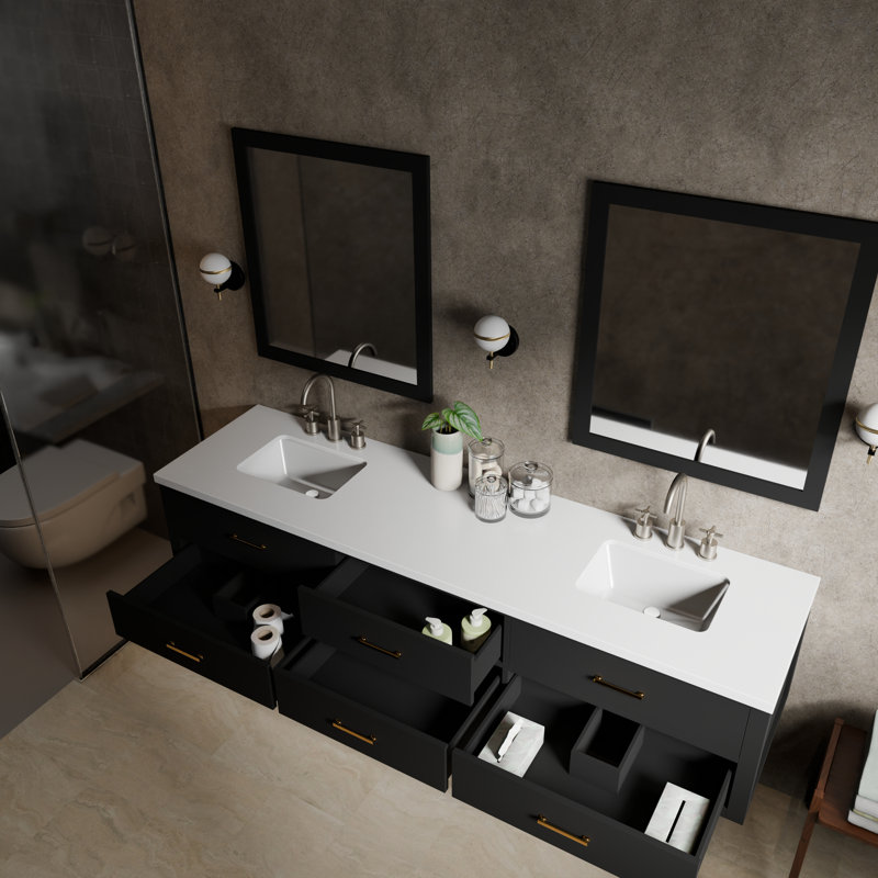 84" Wall-Mounted Double Bathroom Vanity Set, Black, White Cultured Marble