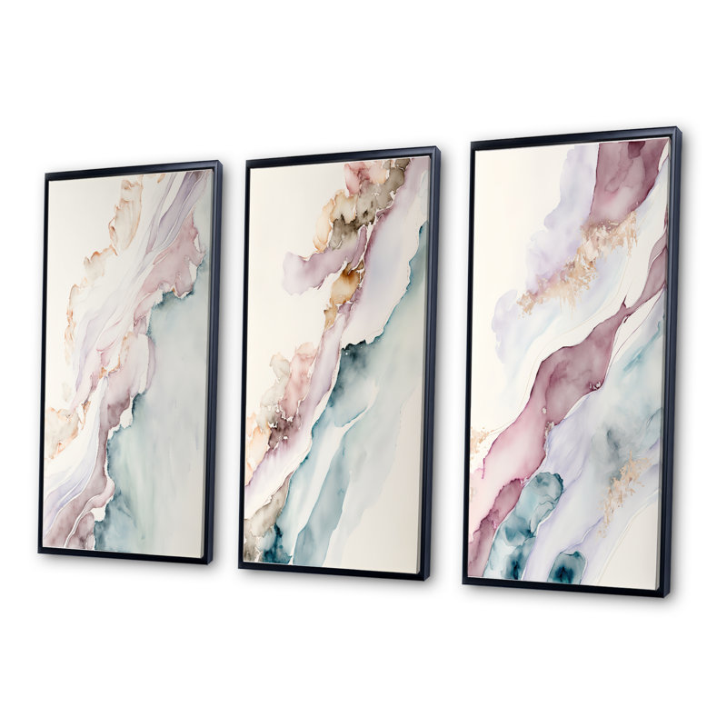 «Mystery Of The Waves In Elevated Blush», 3 pièces sur toile, Cadre flottant noir, H 28 po x l 36 po