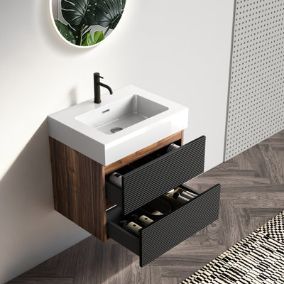 Meuble-lavabo de salle de bain, lavabo à quartz mural de 24 po, lavabo à quartz d'ingénierie, tiroirs doubles, conception Mid-Century, planches de classe E1, laque E0, poignée cachée pour une famille avec style, panneaux noirs, 55 lb