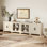 Meuble télé pour téléviseur de 110 po ou moins, meuble télé avec rangement, console média en bois avec portes en verre et armoires fermées, meuble télé rustique avec tablettes réglables, beige