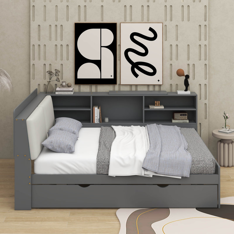 Lit plateforme en bois avec lit gigogne, tablettes et tête de lit avec rangement, Double, gris