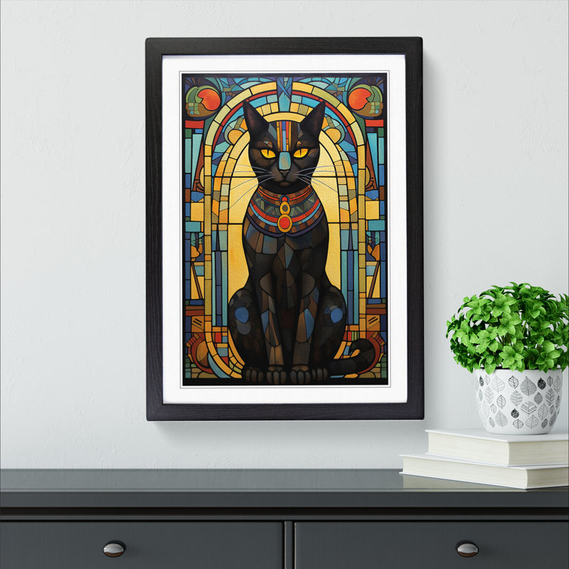 XYZ-FRM-V1223-599 Egyptian Cat Nouveau No.2 - Single Picture Frame Print on Wood, Black, 64cm H x 46cm W x 2cm D