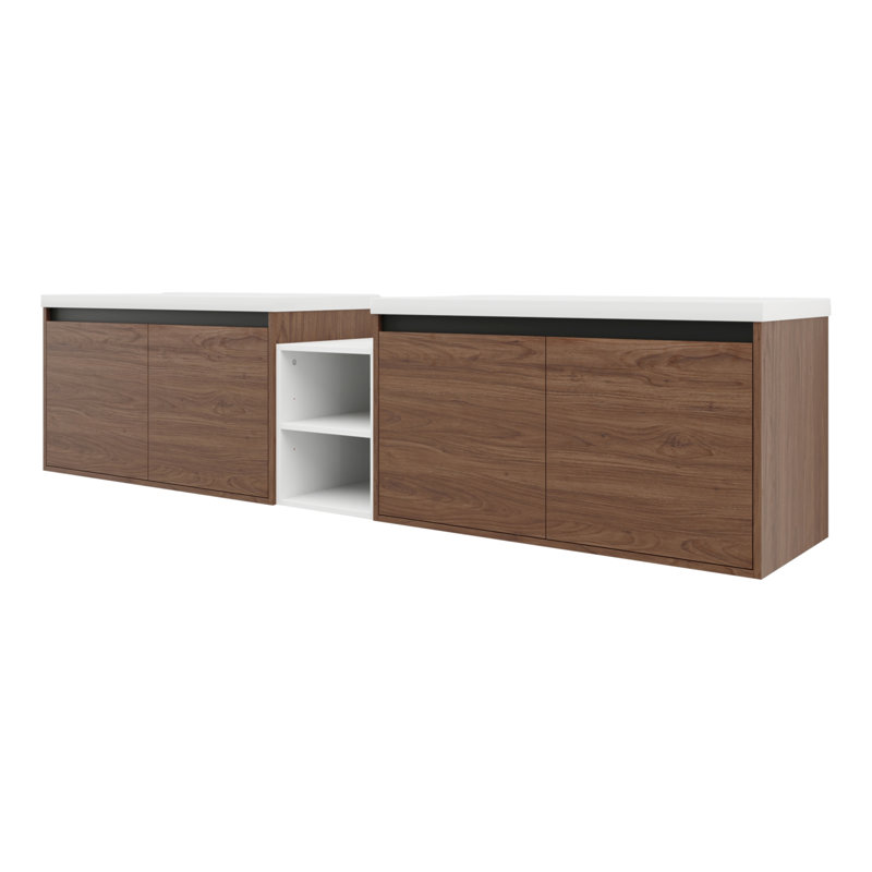 Meuble-lavabo mural 84 po avec lavabo de comptoir en résine, 1 tablette de rangement, 4 portes à fermeture douce