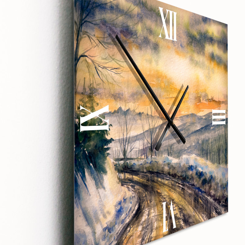 Paysage d'hiver avec route sous un coucher de soleil brillant - Horloge murale traditionnelle, Petit