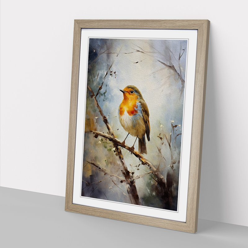 Robin Bird Impressionism - Single Picture Frame Print on Wood, Oak, 46cm H x 34cm W x 2cm D