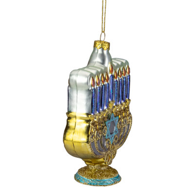 5" Gold and Blue Menorah Glass Hanukkah Ornament