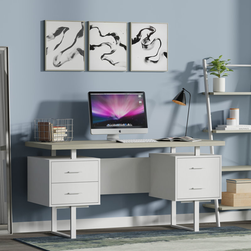 Auniya 60'' Desk, Light Taupe Top, White Body, White Metal/Hardware