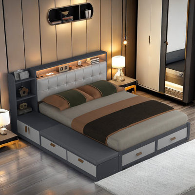 Olita Low Profile Platform Bed with Storage Shelves, USB Charging and Drawers -  Latitude RunÂ®, 7AAF4AF34C7142068BE03C645103C379