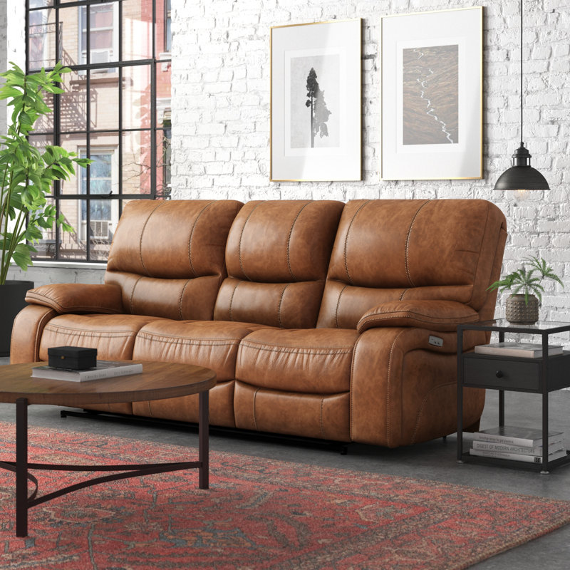Flagg 86" Genuine Leather Pillow Top Arm Reclining Sofa, Camel Top Grain Leather