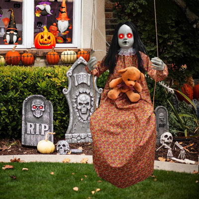 The Holiday Aisle® Scary Halloween Decorations Outdoor, Halloween Hanging Swinging Doll Girl With Sound & Slap Activated, Light Up Eyes Creepy Sound Expressions, Scary