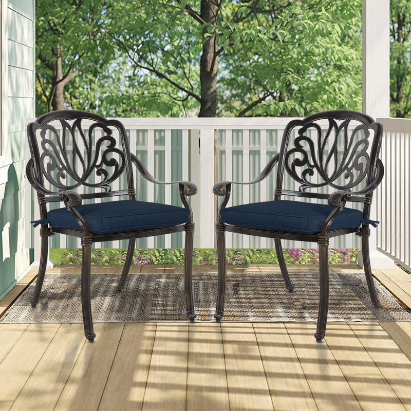 Chaise de patio empilable avec coussin, Bleu marine, Bronze foncé