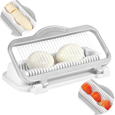 Cette grande trancheuse polyvalente et robuste est fabriquée en aluminium et en fil d'acier inoxydable et peut trancher des œufs durs, des bananes, des fraises et d'autres ingrédients.