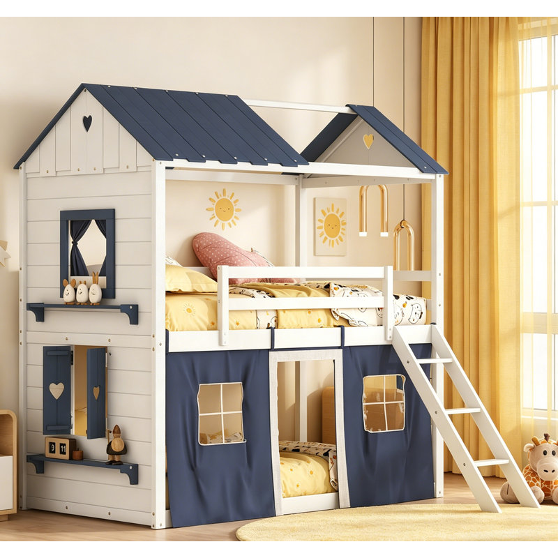 Lit simple superposé en bois avec fenêtres élégantes, rebords et tente, bleu et blanc, parfait pour le jeu et le sommeil des enfants
