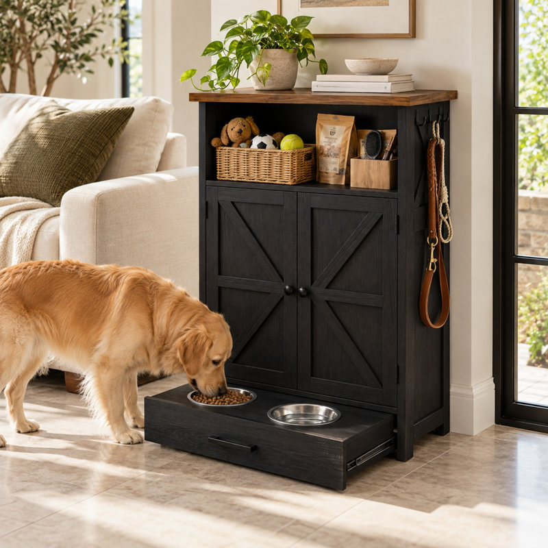 Meuble pour gamelles de chien avec 2 bols surélevés et rangement, Black