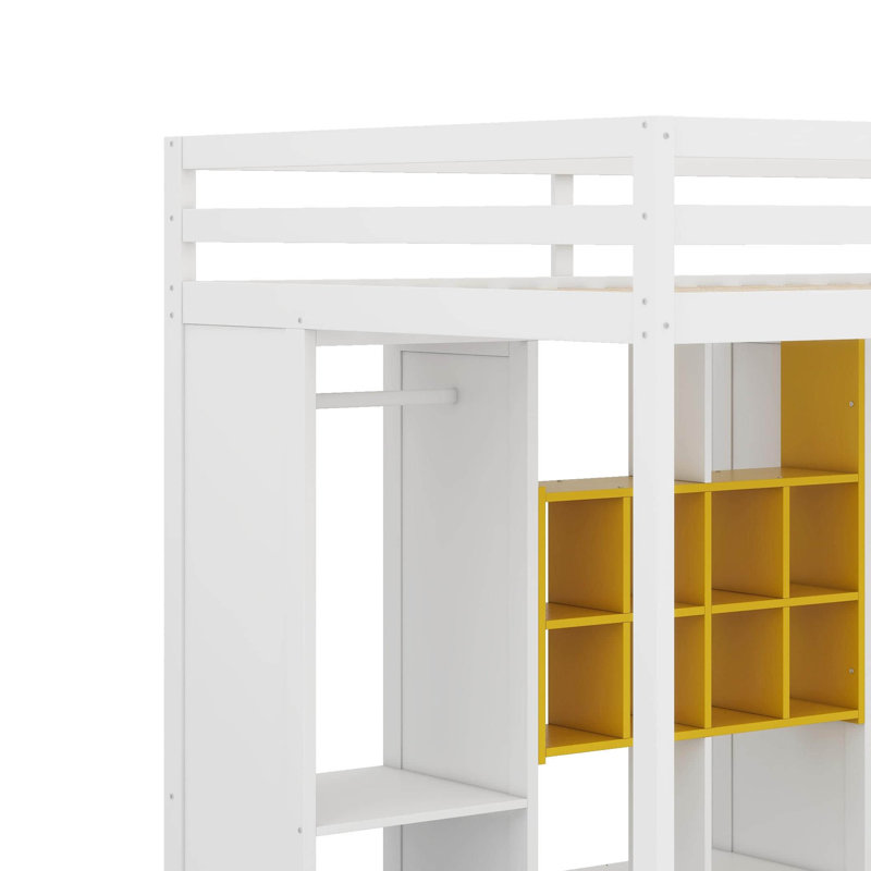 Lit mezzanine double en bois avec tablettes, armoire et garde-robe, Blanc / jaune