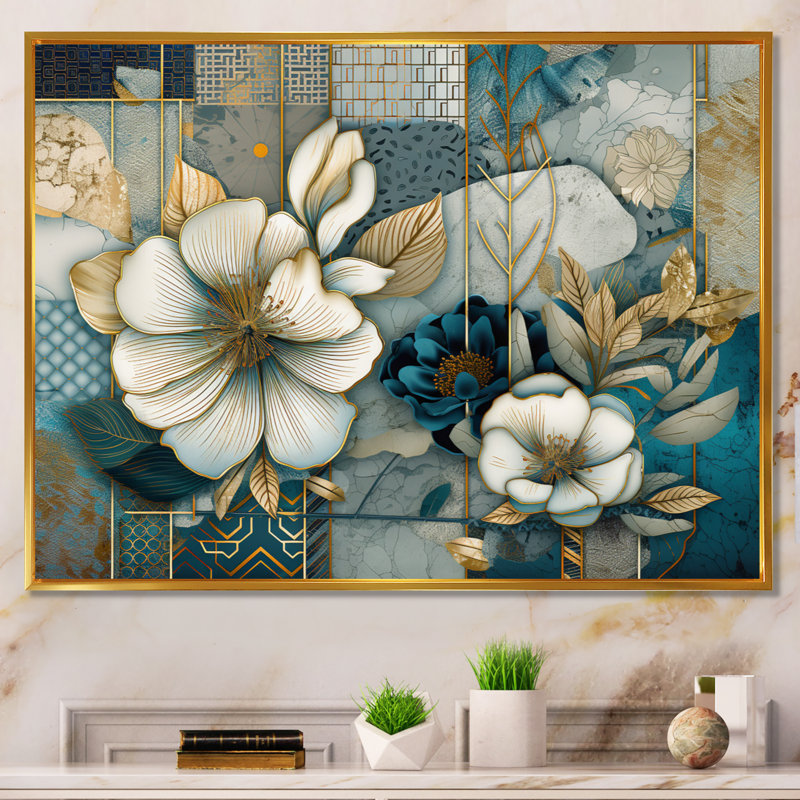Motif floral doré soyeux II - imprimé, H 12 po x l 20 po x P 1 po, Cadre flottant doré