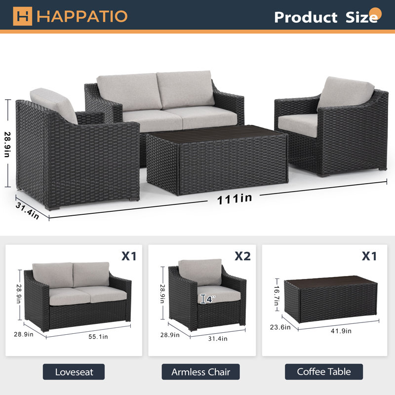 4 - Person Patio Conversation Set with Cushions, Brown, Gray