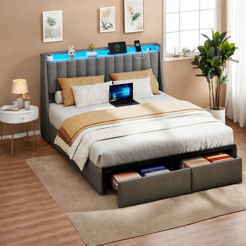 Lit coffre, cadre en métal gris Queen avec éclairage DEL intégré pour une maison moderne
