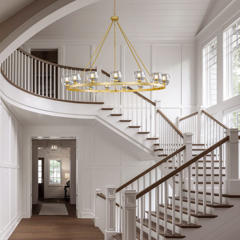 59" Dimmable Round Glass Shade Chandelier, Gold