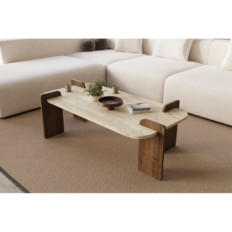 Table basse moderne, finition travertin et noyer, 120 x 35 x 60 cm, panneau de particules 100% mélaminé, conception élégante, assemblage facile, pour le salon et les espaces contemporains