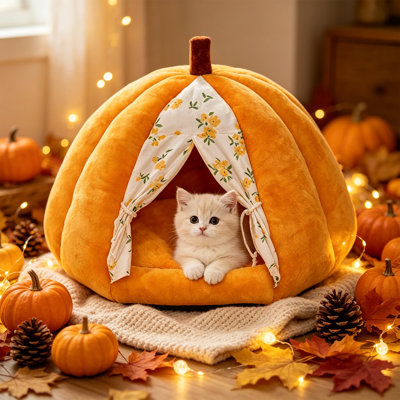 Dog Bed Halloween Pumpkin Pet Bed Warm Cozy for Small Medium Cats Dogs Thanksgiving Themed Sleeping Hut Soft Enclosed Designs Provide Secure Rest Space Windproof Snug Cat Bed