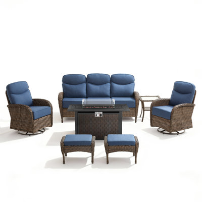 Ensemble de conversation d'extérieur en osier pour 7 personnes avec coussins de 6 po et table au propane de 55 000 BTU Arbor