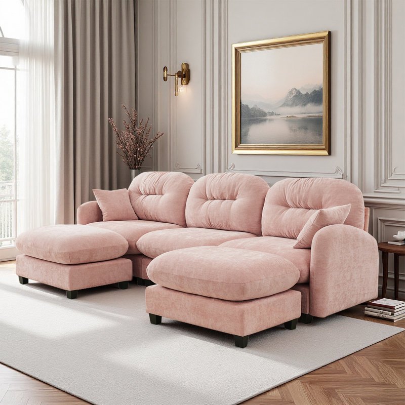 Sectional U Shaped Couch With 2 Ottoman, Chenille Sofa, Pink Chenille