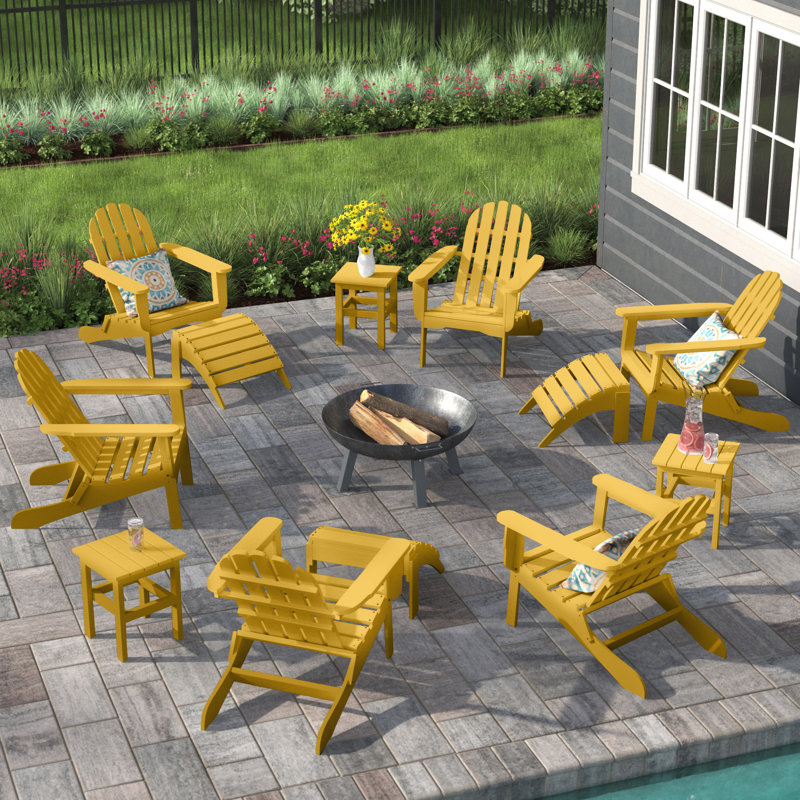 Chaise Adirondack pliante en plastique / résine avec repose-pieds et table Leighton, Jaune citron